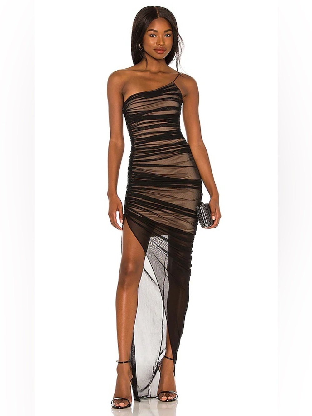 Nookie Revolve Mecca Black One-Shoulder Ruched Mesh Dress NWOT Size Small